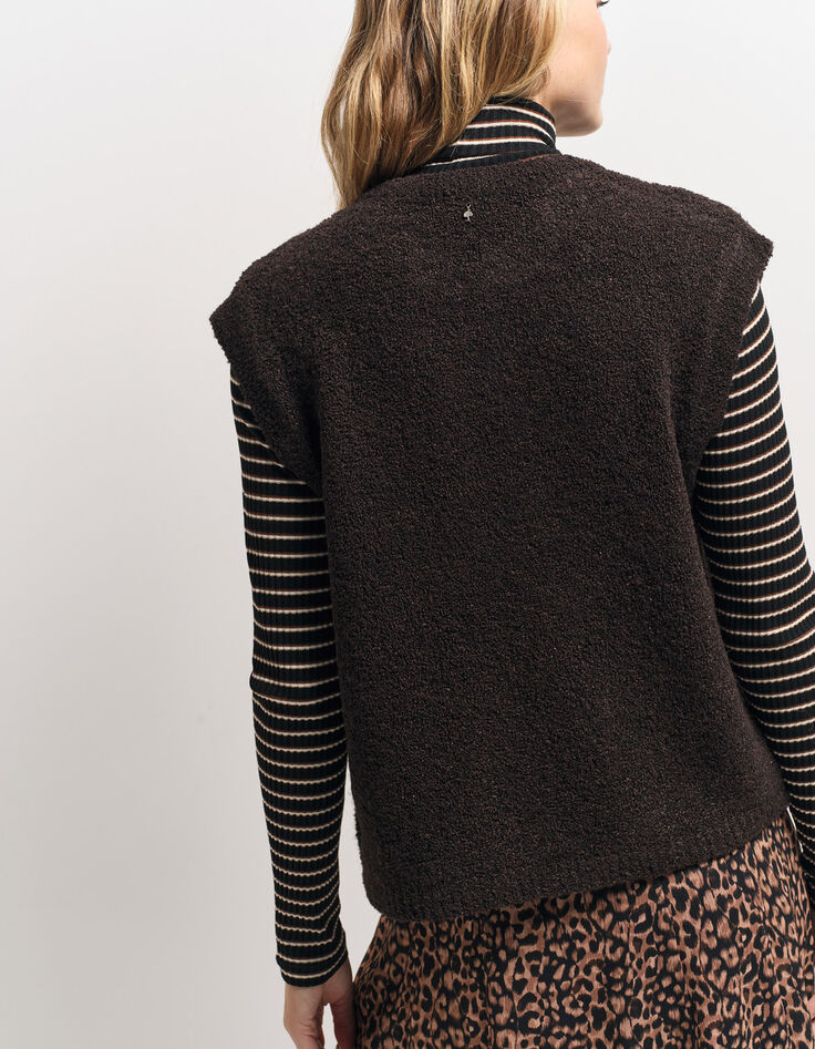 TESSA - Cardigan marron tricot bouclette sans manches-3