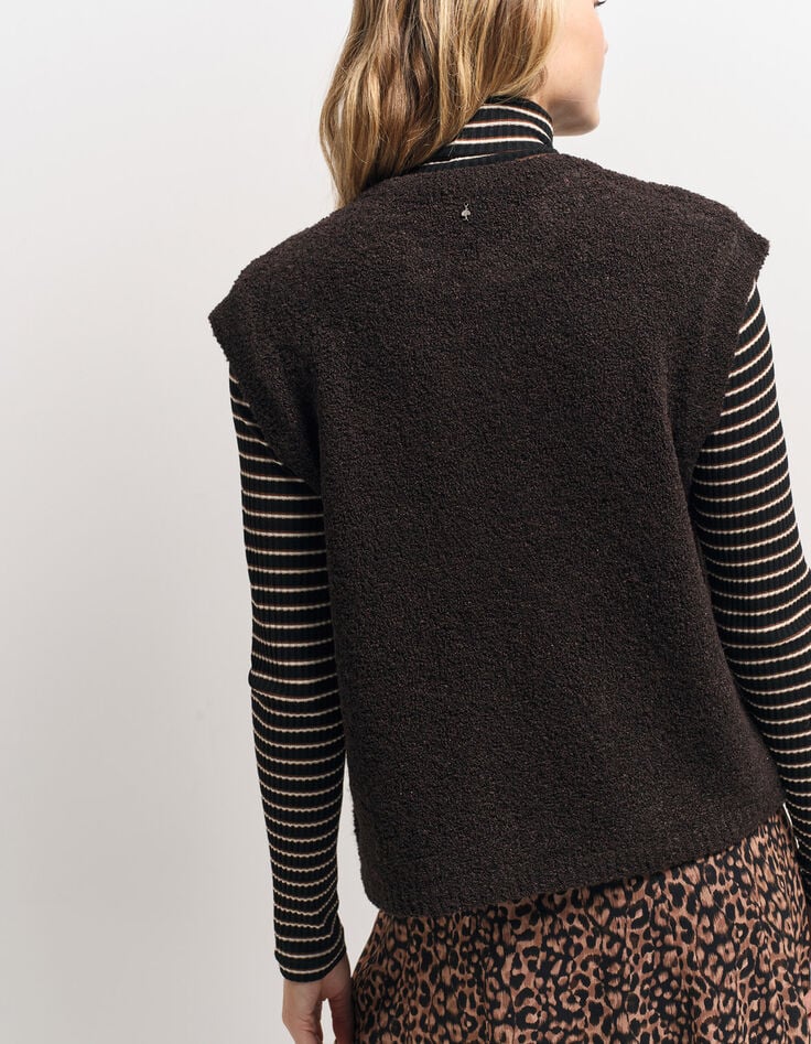 TESSA - Cardigan marron tricot bouclette sans manches-3 TESSA - Cardigan marron tricot bouclette sans manches-3