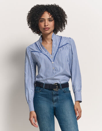 CAYCE - Blouse à rayures bleues découpes dentelle-1