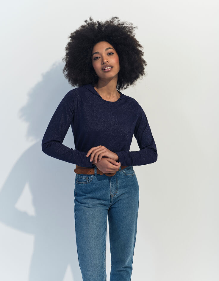 MARA - T-shirt marine à capuche maille irisée -4