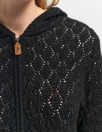 TIGER - Cardigan à capuche noir tricot ajouré lurex-4