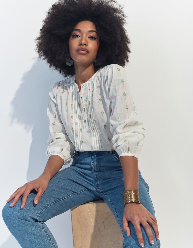 CACILDA - Blouse blanche broderies feuilles et rayures-2