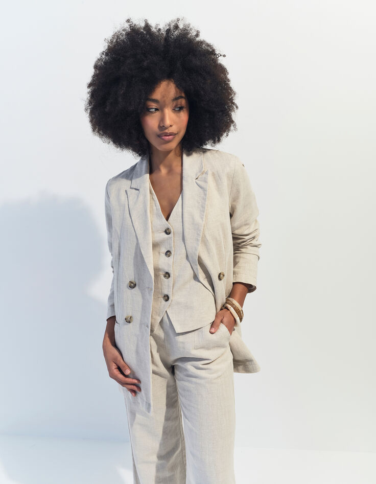 GLORIA - Gilet de costume beige chiné en lin et coton -2