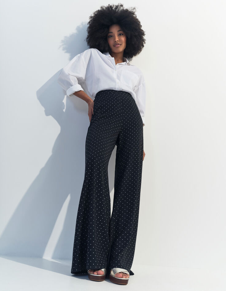 PIRANGI - Pantalon fluide noir imprimé carrés écrus-6