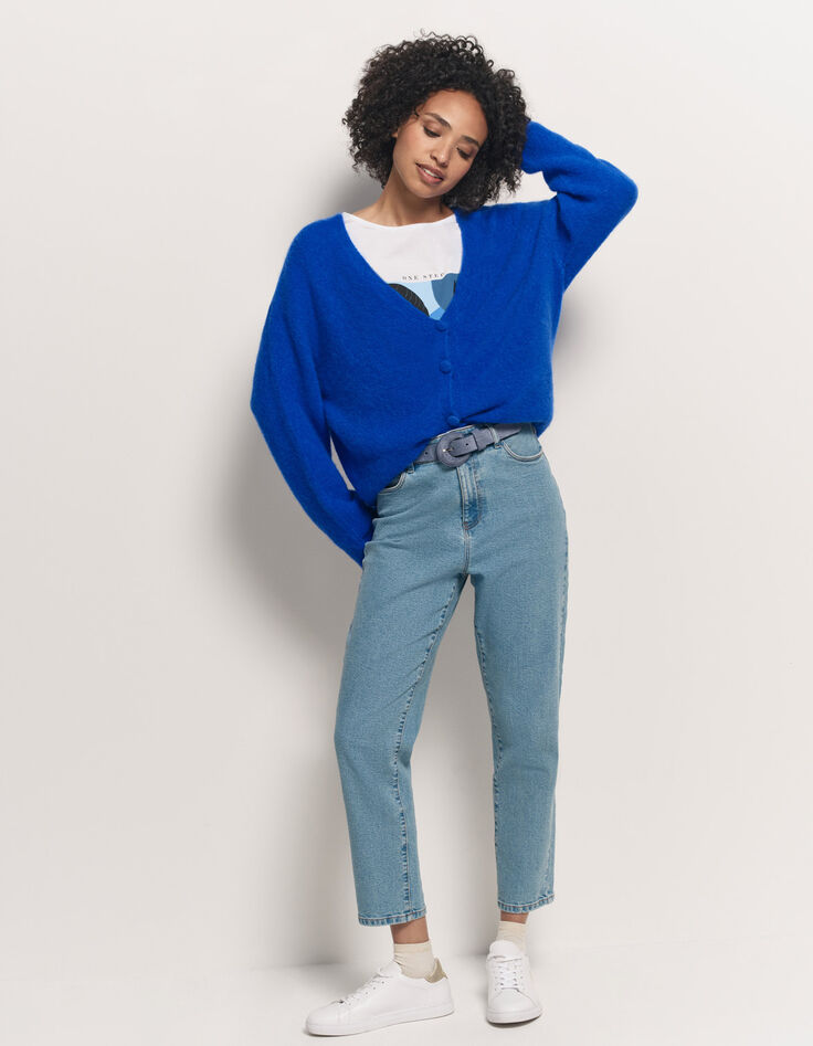 TECK - Cardigan bleu tricot moelleux encolure V-6 TECK - Cardigan bleu tricot moelleux encolure V-6