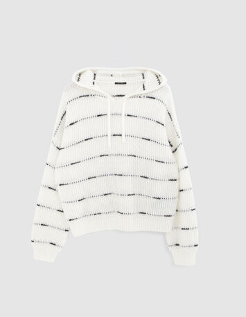 TWILL  - Pull &agrave; capuche ivoire tricot motif rayures noires-6