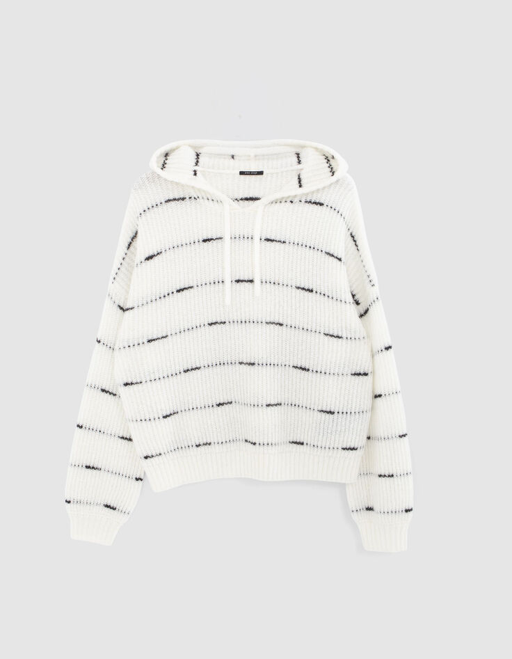 TWILL  - Pull &agrave; capuche ivoire tricot motif rayures noires-6