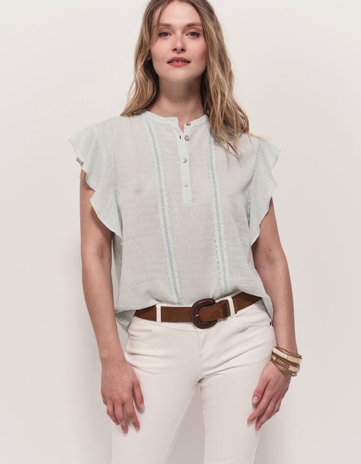CHARME - Top vert avec volants et bandes dentelle-2 CHARME - Top vert avec volants et bandes dentelle-2