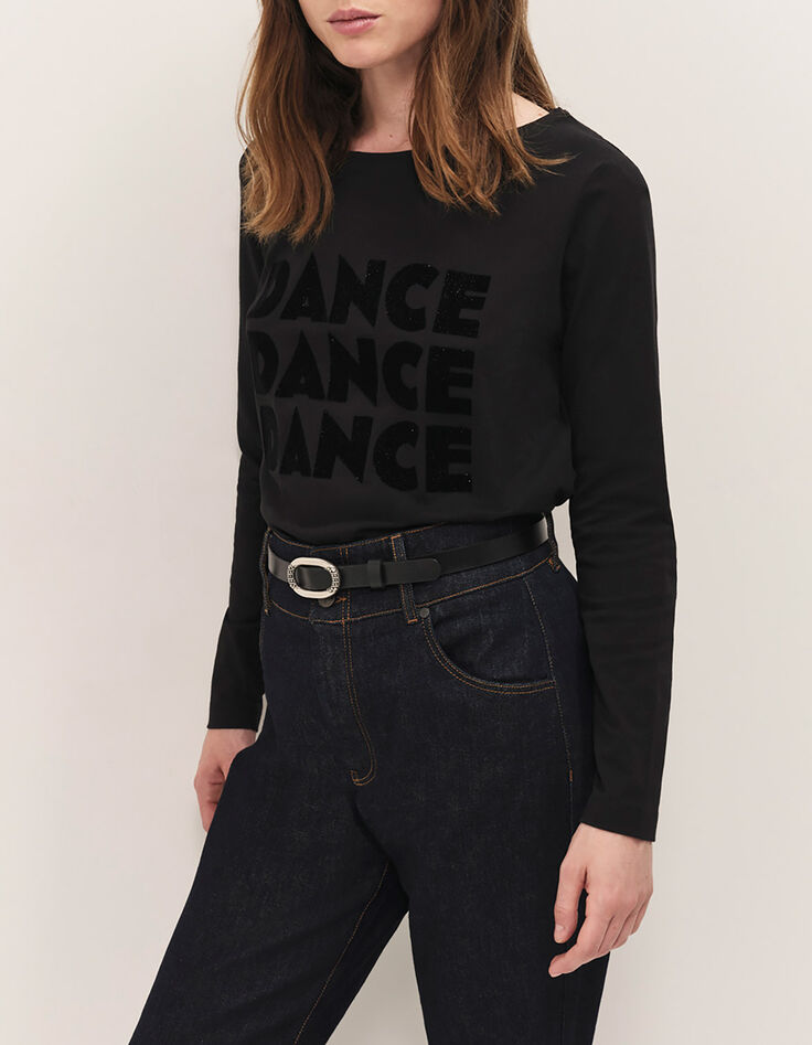 MAFFY - T-shirt noir d&eacute;tail feuillage flocage velours-2