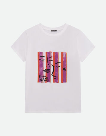 MIKA - T-shirt &eacute;cru coton bio visages sur fond ray&eacute; -4