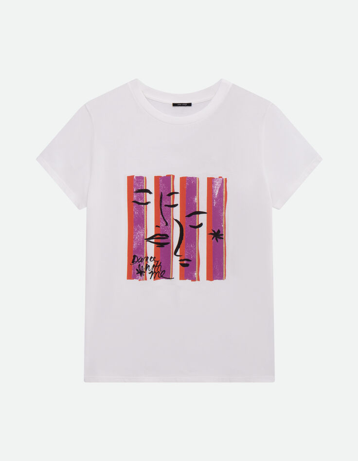 MIKA - T-shirt &eacute;cru coton bio visages sur fond ray&eacute; -4