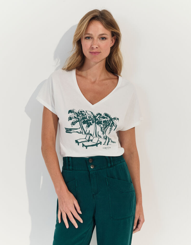 MAGIC- T-shirt blanc coton bio crayonné bord de plage -1