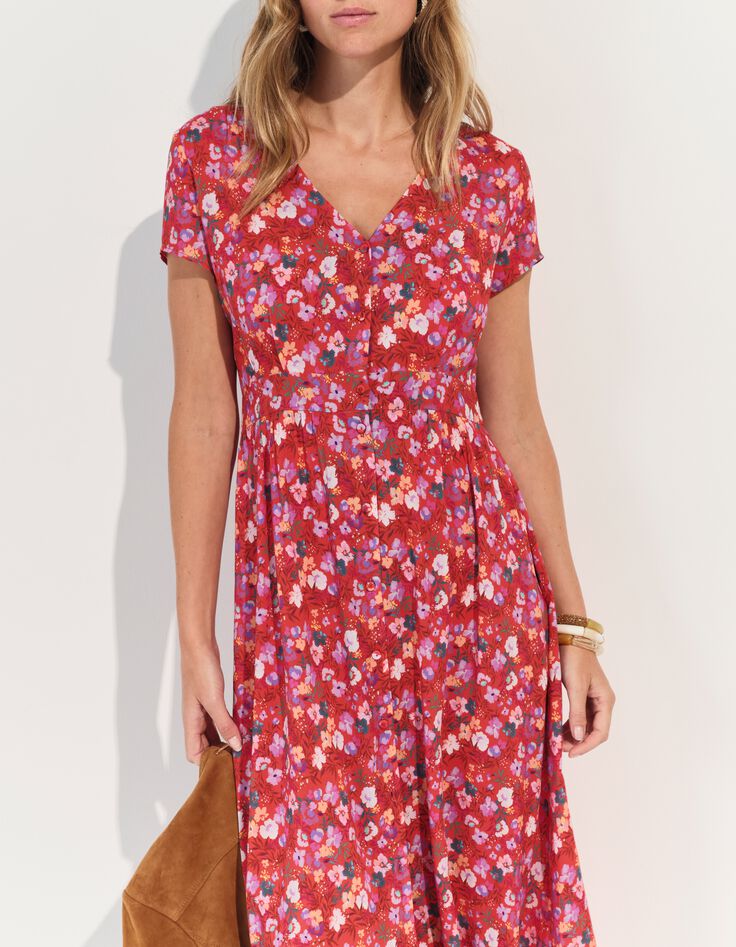 ROMARIA - Robe midi rouge imprim&eacute; floral d'&eacute;t&eacute; -5