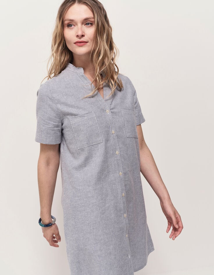 RESEDA - Robe chemise bleue motif rayures fantaisie-1