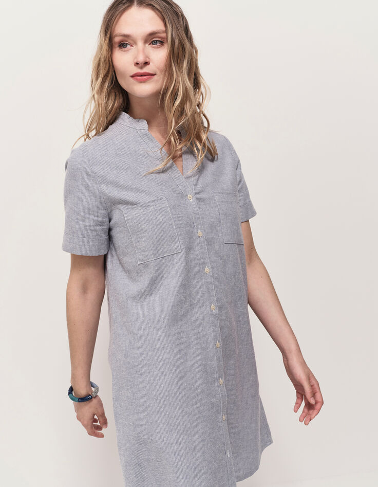 RESEDA - Robe chemise bleue motif rayures fantaisie-1 RESEDA - Robe chemise bleue motif rayures fantaisie-1