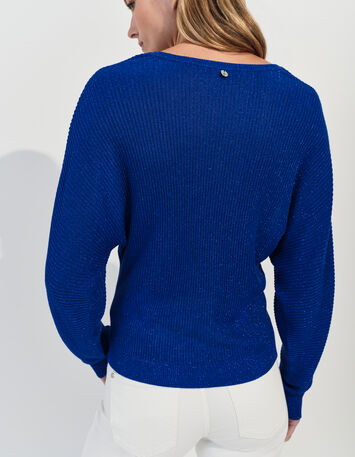 TONY - Pull bleu tricot côtelé manches chauve-souris -3
