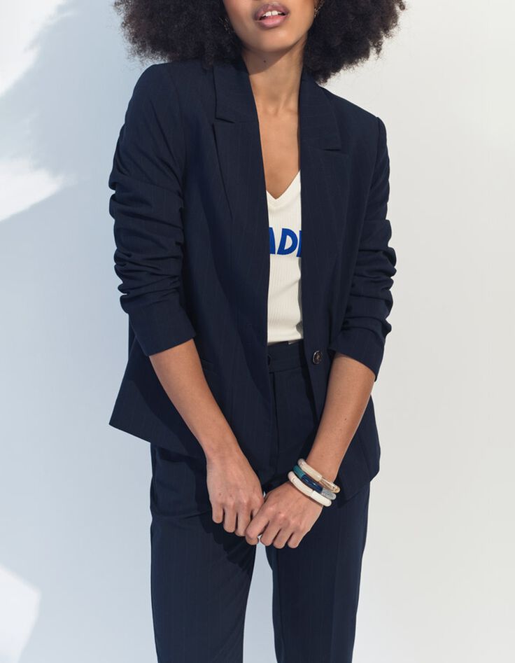 VIOLETA - Veste de costume marine &agrave; motif rayures tennis -1