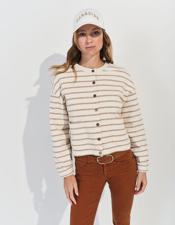 MANNY - Cardigan écru  rayé beige -2