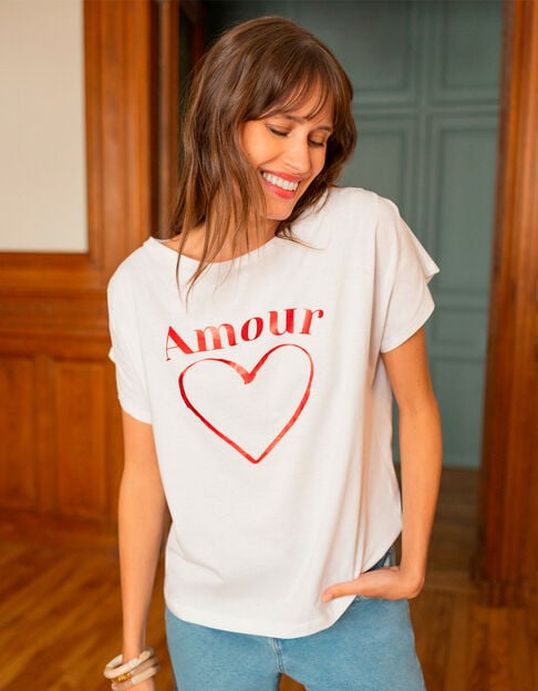 MINOS - T-shirt blanc coton bio visuel cœur et message - One Step