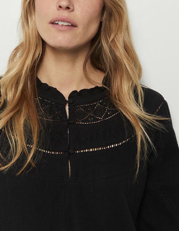 RODING - Robe noire en gaze de coton à col collerette-2