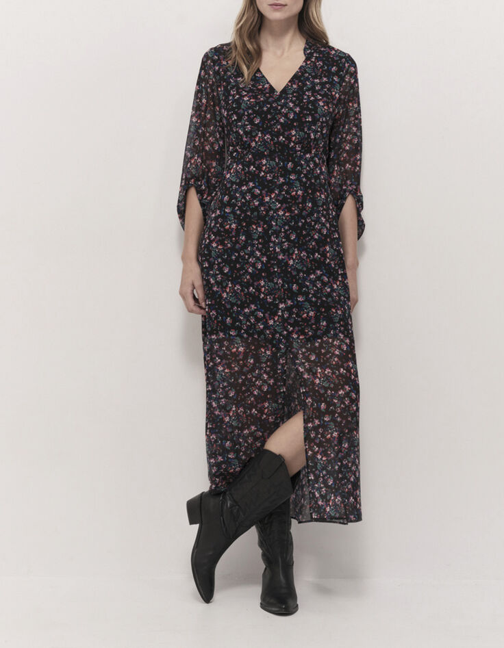 ROMEA - Robe longue noire &agrave; imprim&eacute; jardin nocturne-4