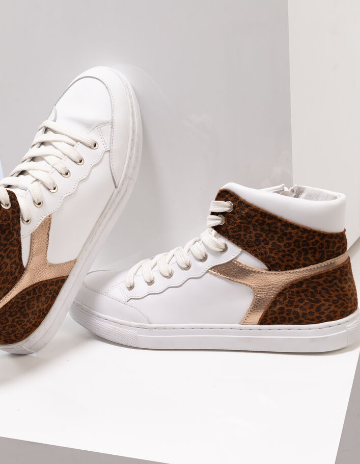Tennis montantes blanc, doré, motif léopard cuir One Step