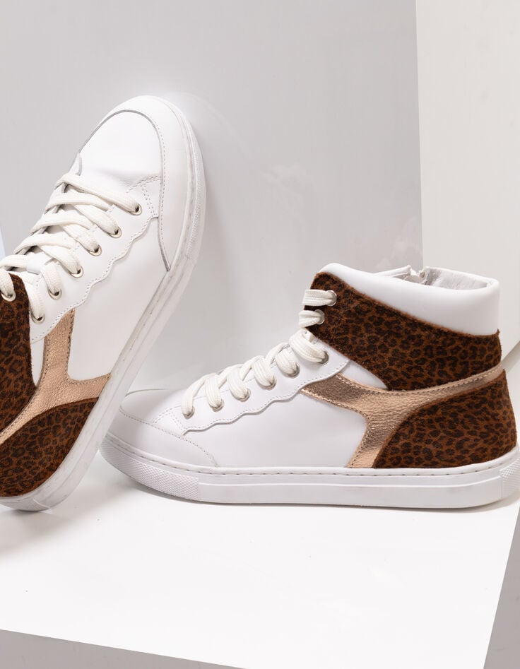 O.QUEEN - Tennis montantes blanc, doré, motif léopard cuir-5