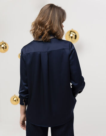 CISSY - Chemise marine satinée col brodé sequins-3