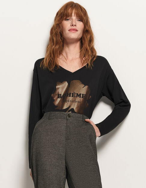 MINTY - T-shirt noir visuel arty floral métallisé - One Step
