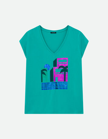 MIRAMAR - T-shirt vert coton bio visuel arty géométrique -5