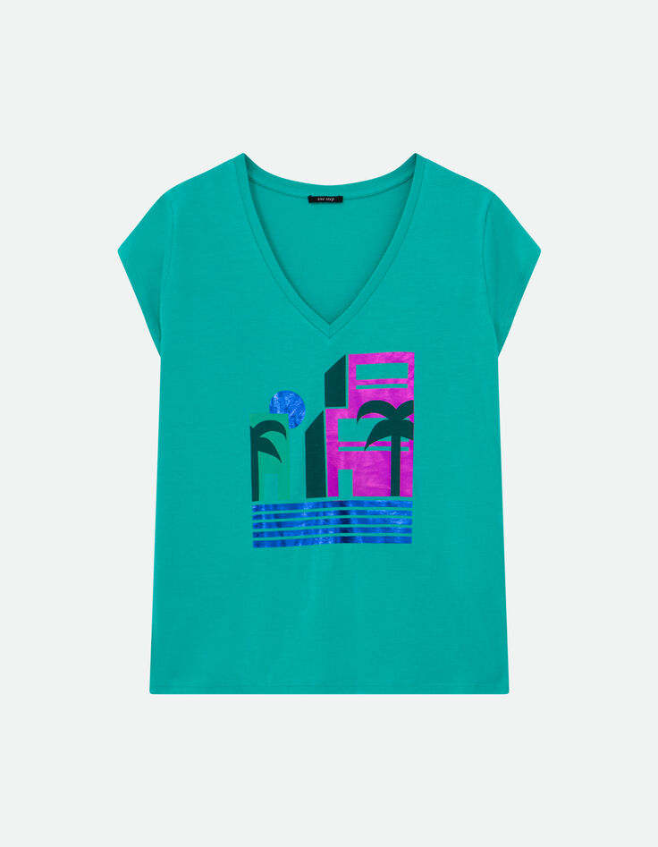 MIRAMAR - T-shirt vert coton bio visuel arty géométrique -5