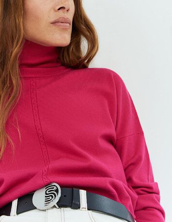 TANAKA - Pull rose fuchsia en tricot à col roulé-4