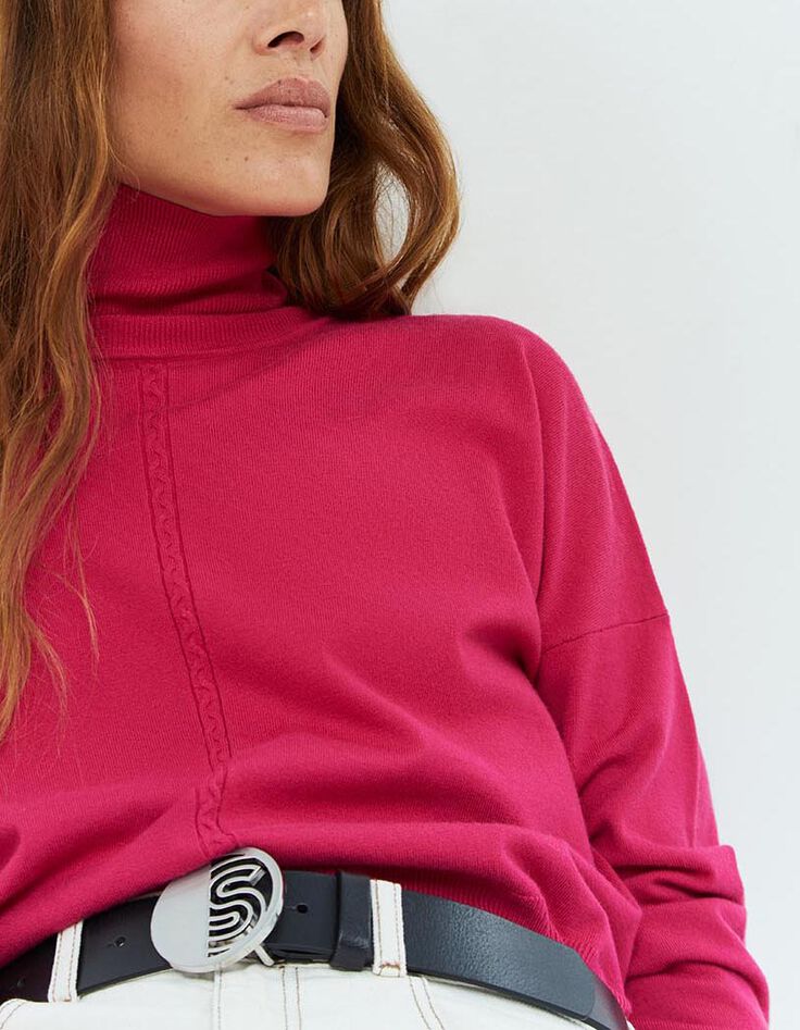 TANAKA - Pull rose fuchsia en tricot à col roulé-4