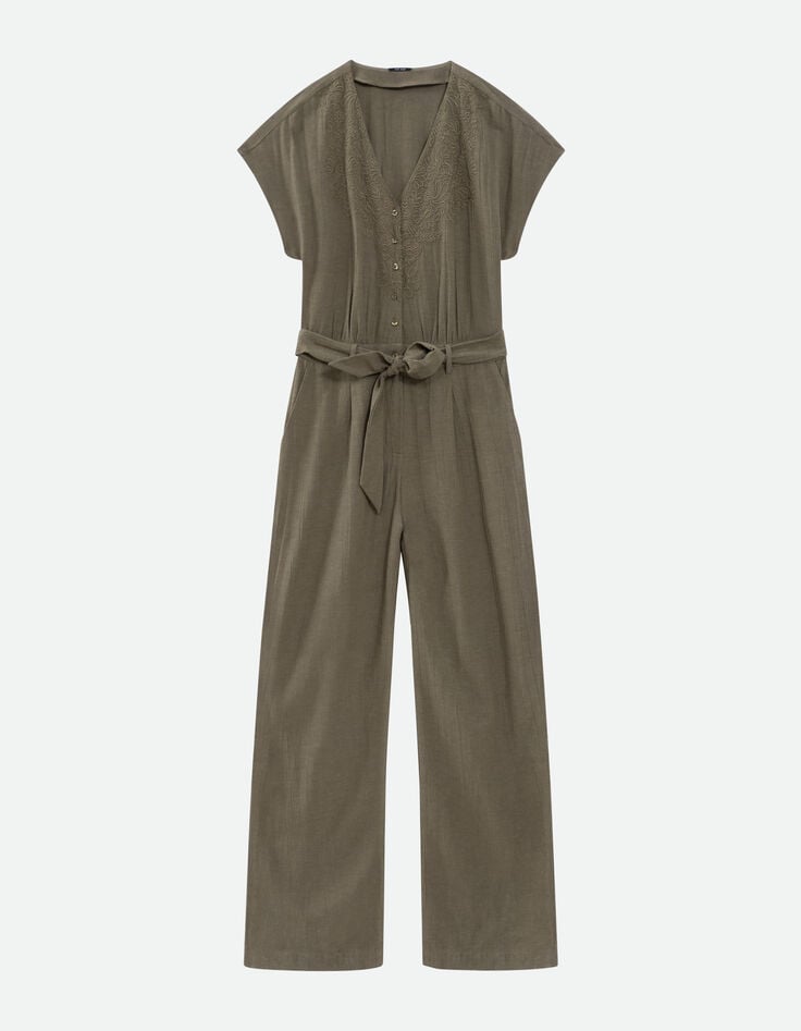 RIO - Combinaison kaki lin m&eacute;lang&eacute; broderies plac&eacute;es-5