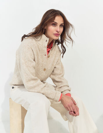TIANA - Cardigan beige tricot à col montant -2