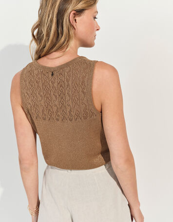 TAHIR - Pull sans manches marron tricot lurex fantaisie -3