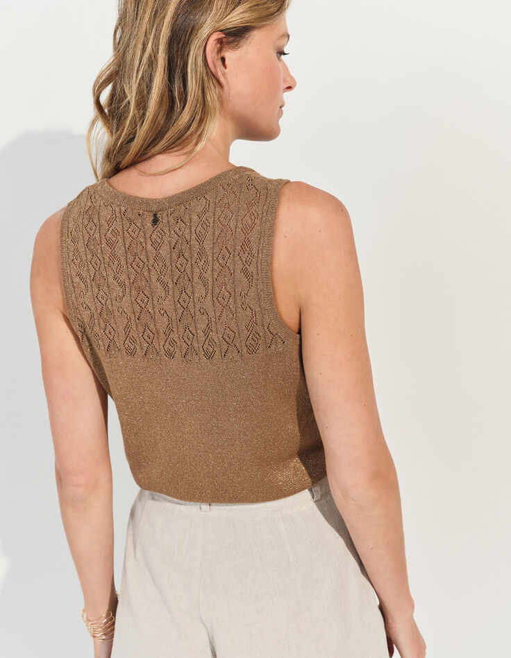 TAHIR - Pull sans manches marron tricot lurex fantaisie -3