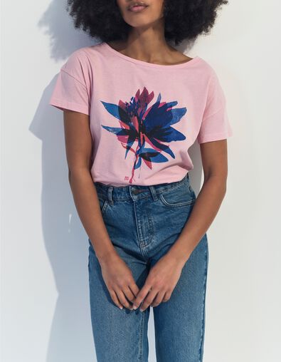MAURO - T-shirt rose coton bio fleur arty  - One Step