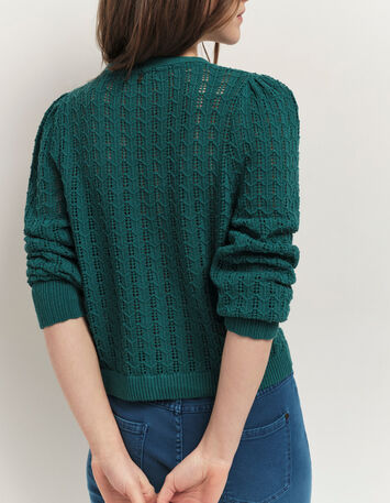 TARRY - Cardigan réversible vert cèdre tricot ajouré-3