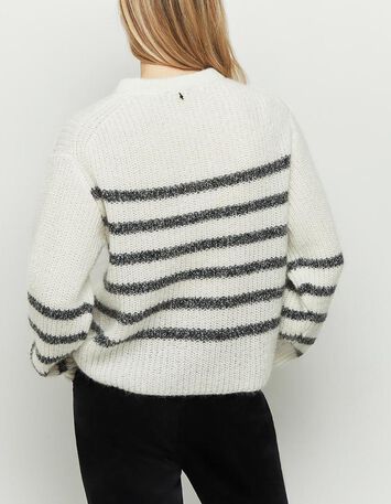 TALIA - Pull écru en tricot ajouré à rayures marine-3