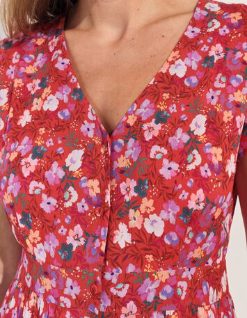 ROMARIA - Robe midi rouge imprim&eacute; floral d'&eacute;t&eacute; -7