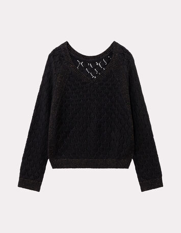TACEY - Pull noir tricot ajouré réversible devant/dos-1