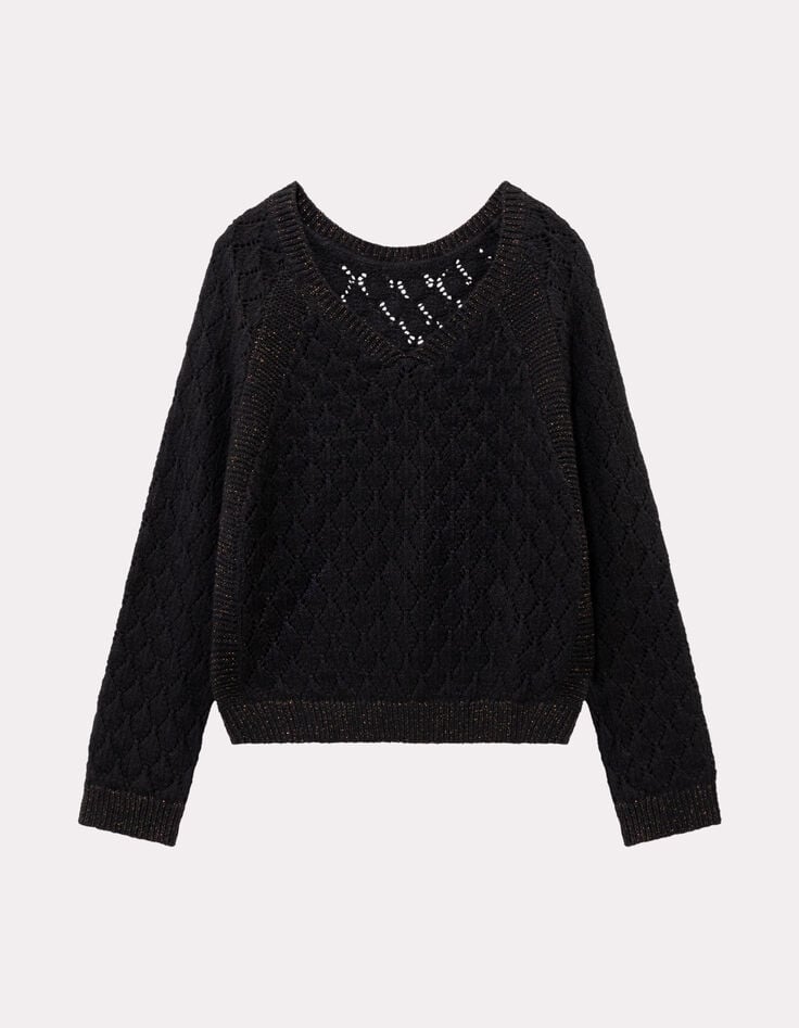 TACEY - Pull noir tricot ajouré réversible devant/dos-1 TACEY - Pull noir tricot ajouré réversible devant/dos-1