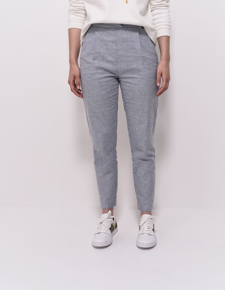POSY - Pantalon carotte bleu motif rayures fantaisie-2 POSY - Pantalon carotte bleu motif rayures fantaisie-2