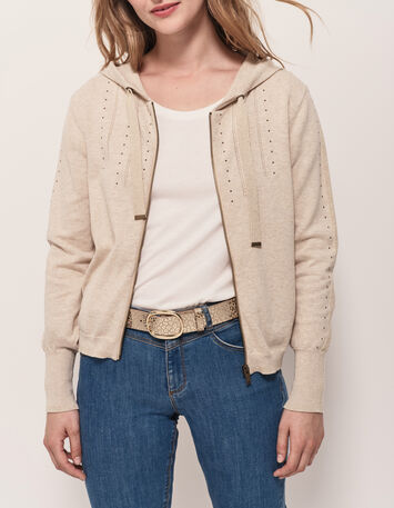 TARA - Cardigan ficelle tricot &agrave; capuche et clous-1