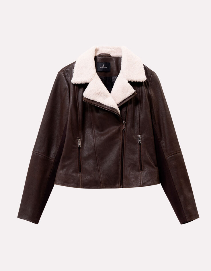 DENZEL - Blouson marron cuir esprit motard col amovible-5 DENZEL - Blouson marron cuir esprit motard col amovible-5