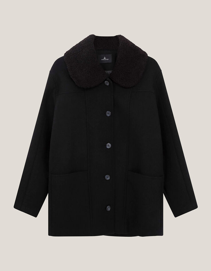 DORA - Manteau mi-long noir col amovible sherpa-6