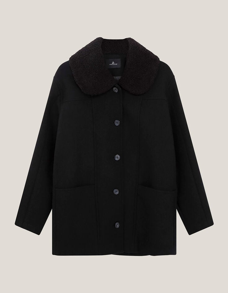 DORA - Manteau mi-long noir col amovible sherpa-6 DORA - Manteau mi-long noir col amovible sherpa-6