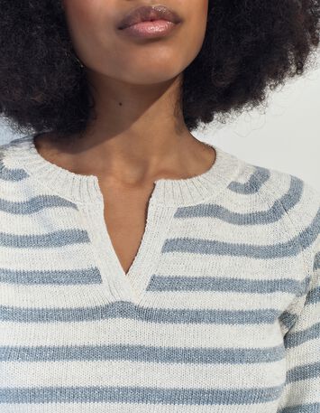 TERESA - Pull blanc tricot motif rayures lurex ciel -4