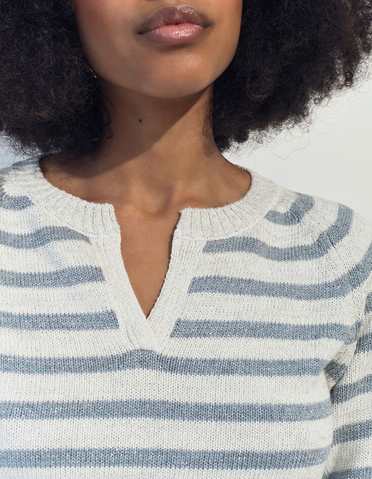 TERESA - Pull blanc tricot motif rayures lurex ciel -4